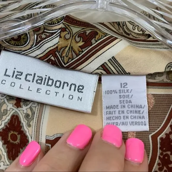 Vintage Liz Claiborne Silk Tan/Brown Wood Frame Pattern Blouse/Blazer - Picture 2 of 7